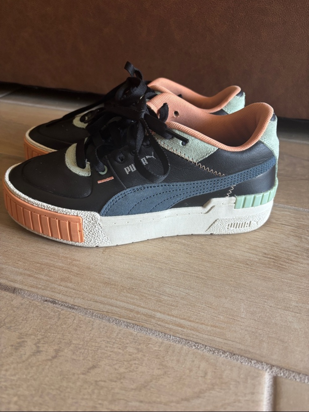PUMA Cali Sport Mix Colorblock Sneakers Black Peach Mint Green Leather size 7